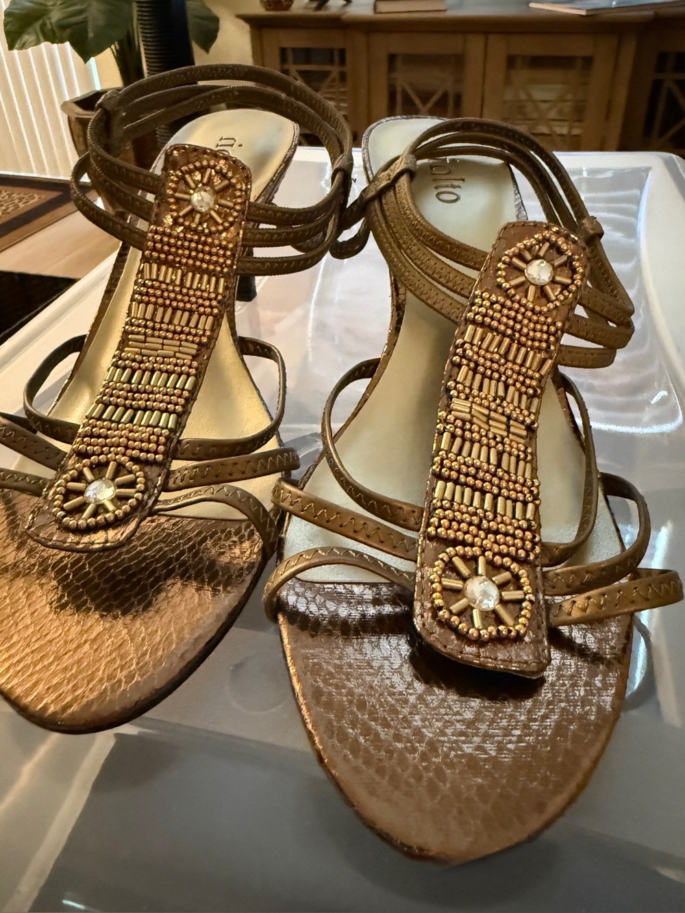Rialto Beaded T-Strap Metallic Brown Sandals Size 9.5 with 3” heel.